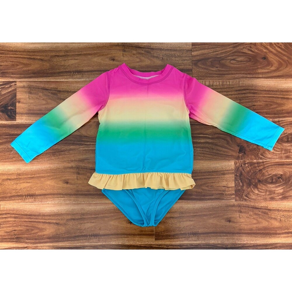 RuffleButts Long Sleeve Two-Piece Rashguard Swimsuit, Neon Sunset, Size 5T